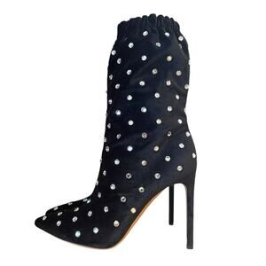 Valentino Garavani Black Velvet Crystal Rhinestone Pointed Toe Boots 40